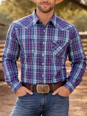 NEW Ariat Pro Series Katin LS Shirt 2XL Purple Blue Plaid Ranch Western Cowboy